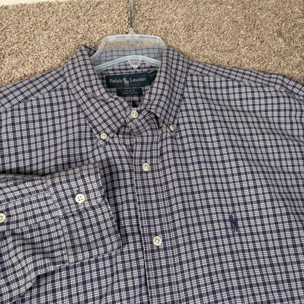 Ralph Lauren Blake Mens XL Navy Blue White Plaid Cotton Button Down Shirt